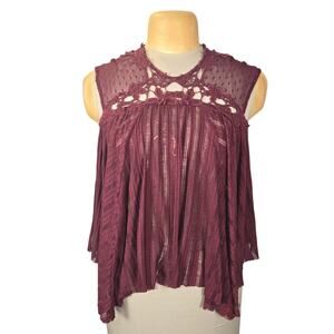 Free People Burgundy Lace Crochet Boho Top M Sheer Romantic Fairycore‎ Festival